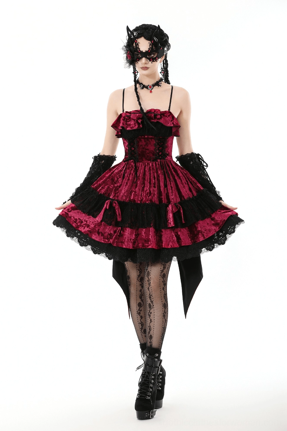 Product photography showing burgundy crushed velvet gothic Lolita dress with all styling elements and detachable components