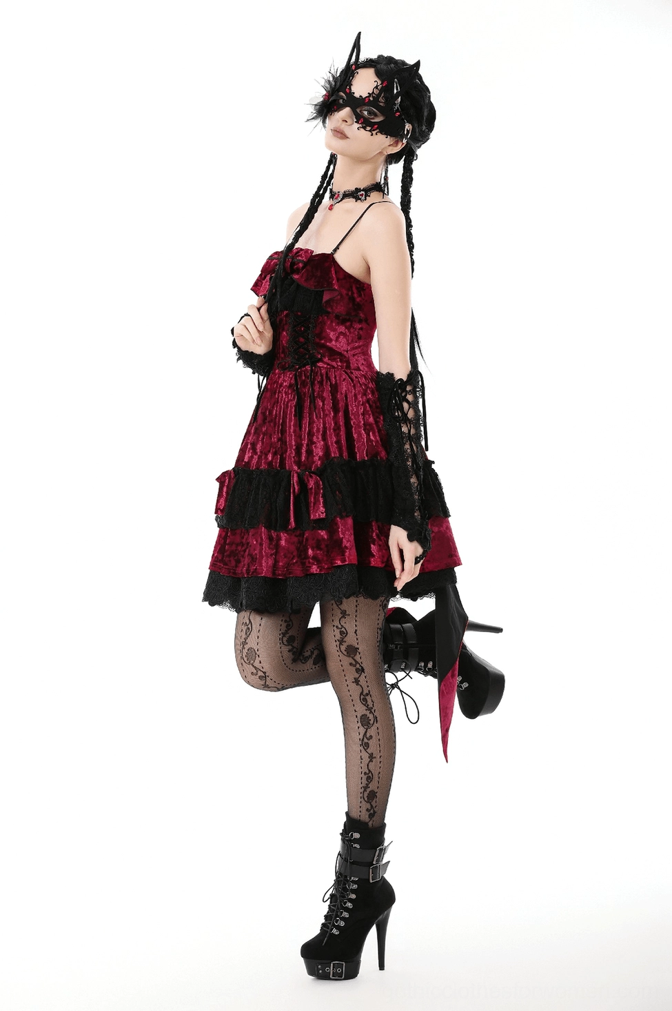 Full product view of gothic Lolita mini dress in burgundy and black showcasing theatrical design and Victorian-inspired silhouette
