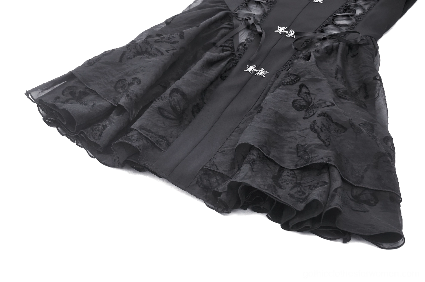 Alternative angle of black gothic butterfly mini dress highlighting structured corset bodice and butterfly accents