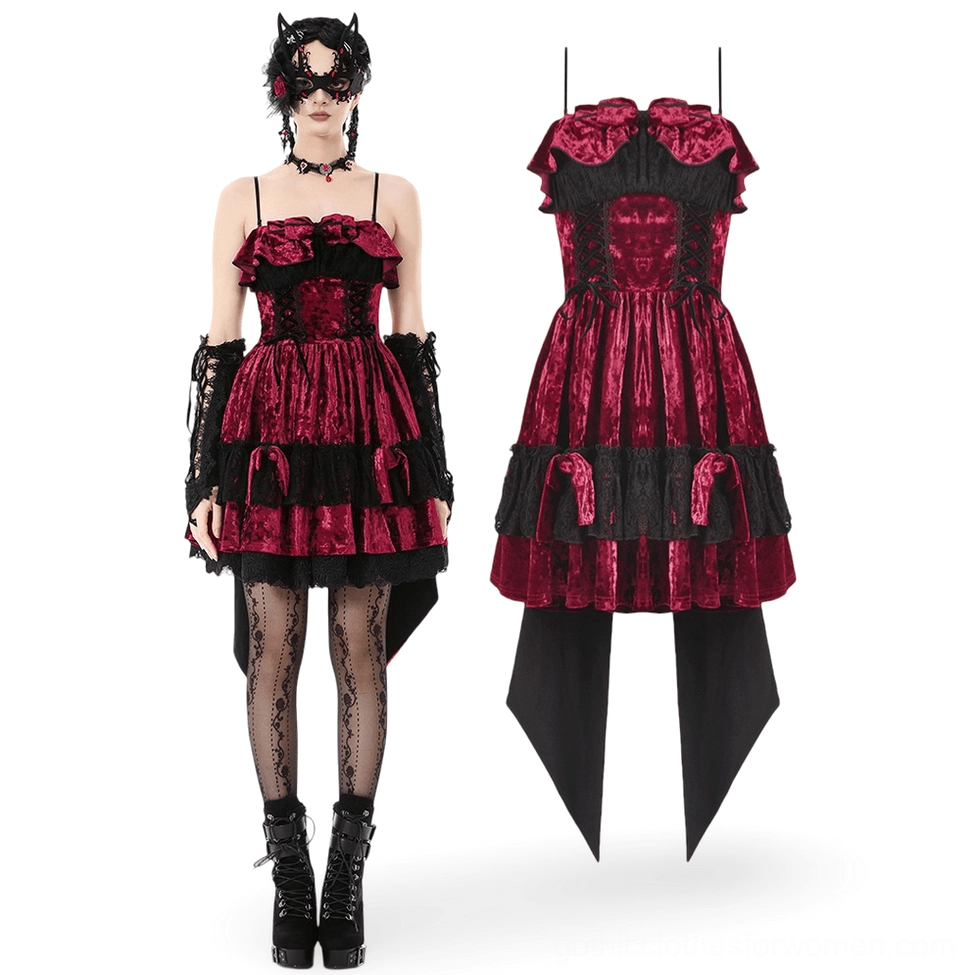 Complete gothic Lolita ensemble with burgundy dress, black lace arm sleeves, fishnet stockings, platform boots, and detachable tail pieces on model