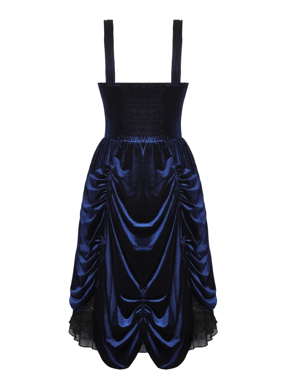 Back view flat lay of Gothic Lolita dress displaying shirred elastic back panel, curved hemline, and navy velvet construction