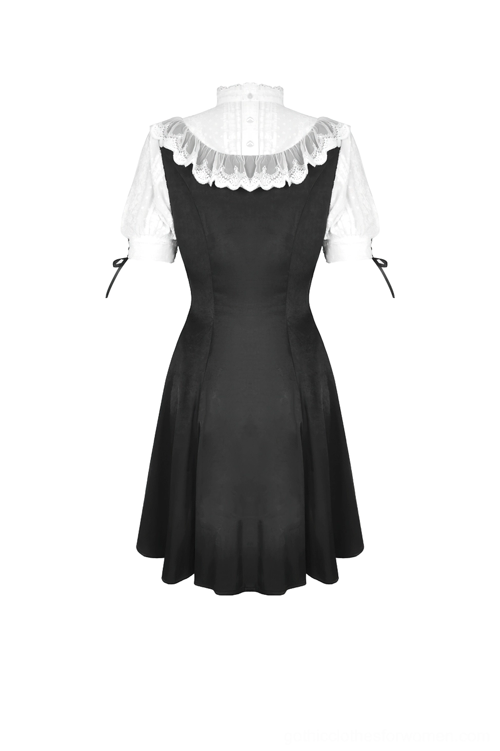 Back flat lay of black and white Gothic Lolita dress showing tailored cut and lace back yoke