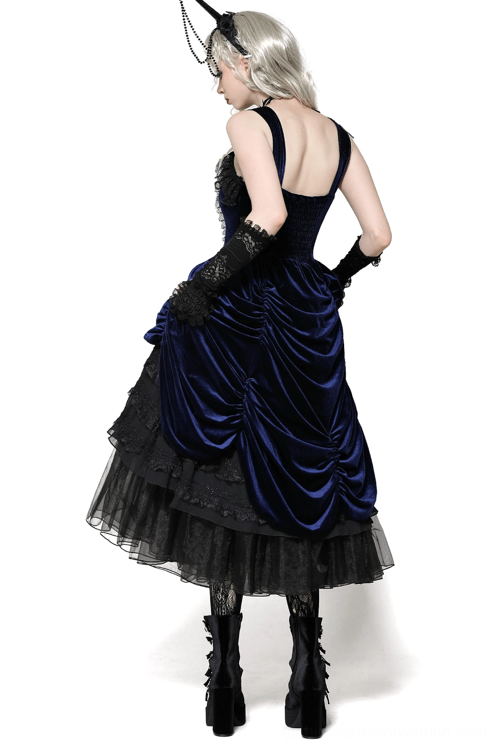 Gothic Lolita dress back view showing open back panel with shirring and tiered ruffled lace skirt detail