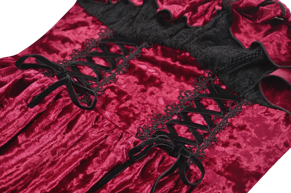 Close-up of burgundy crushed velvet bodice with black lace-up corset detailing and black lace trim accents