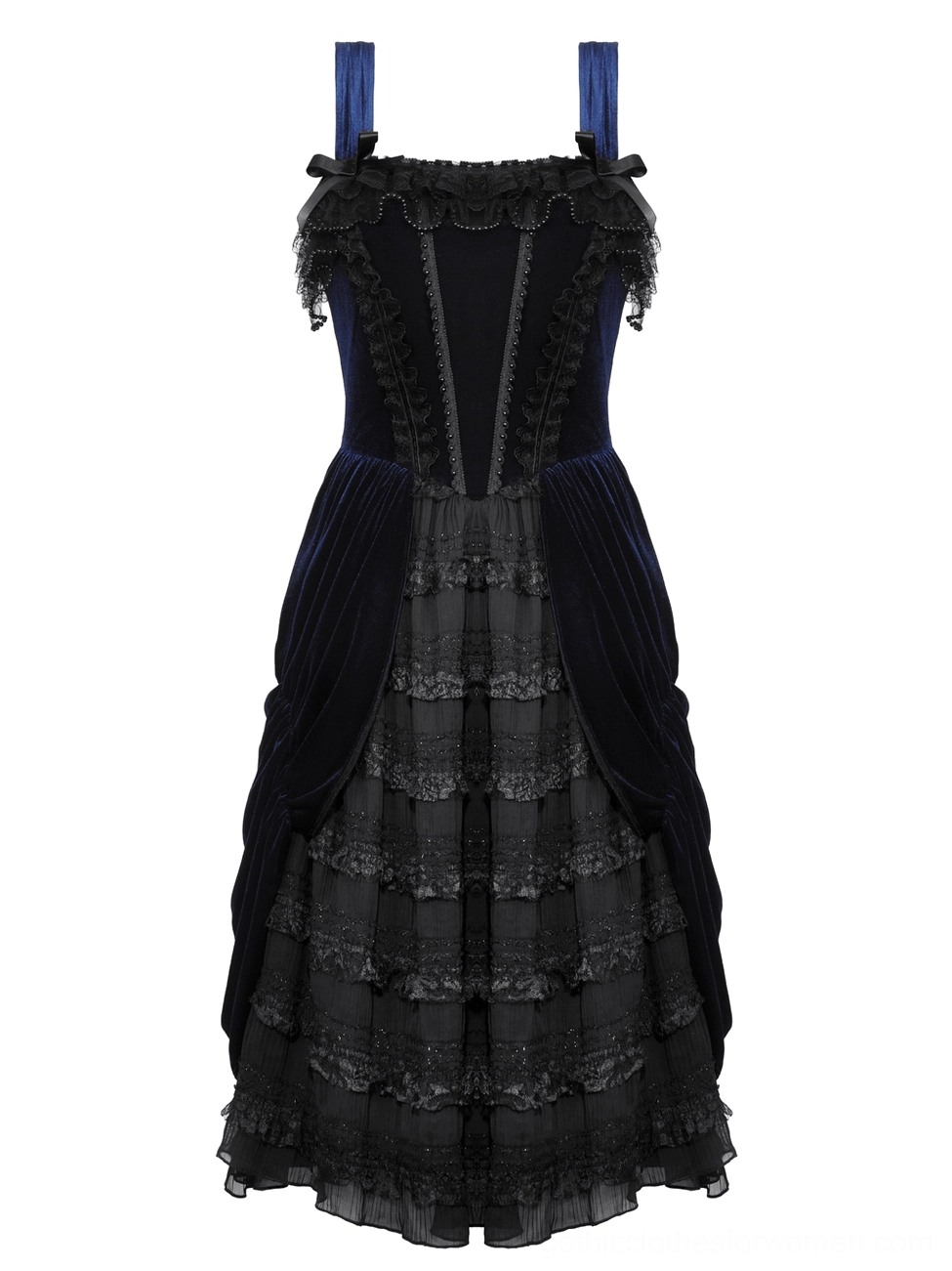 Flat lay of Gothic Lolita dress front showing corset-style bodice with lace trim and multi-layered ruffled skirt