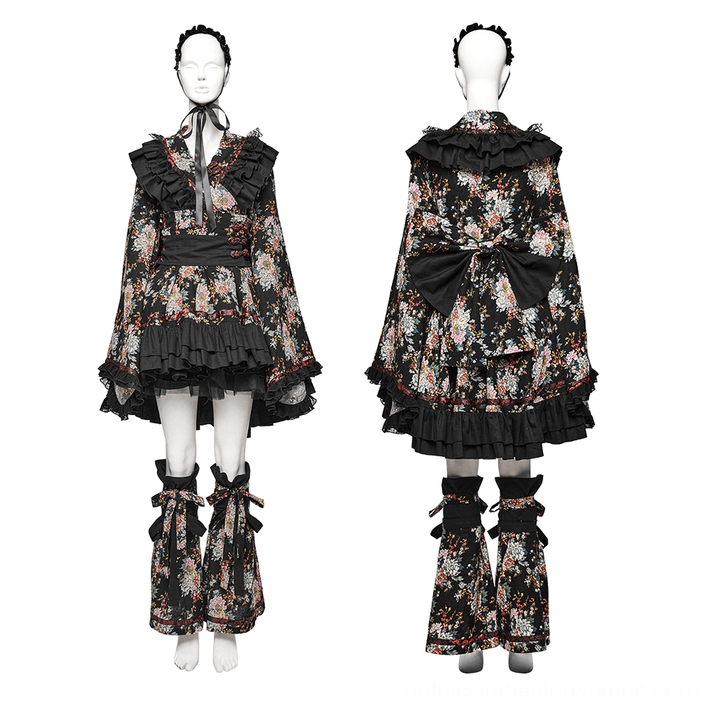 Gothic lolita dress set front and back mannequin display with matching leg warmers and detachable bow