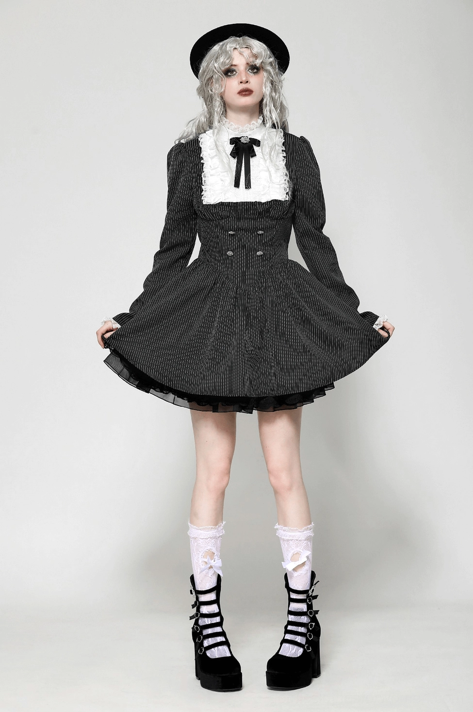 Black gothic lolita pinstripe dress detail view showing overall construction and lace overlay details
