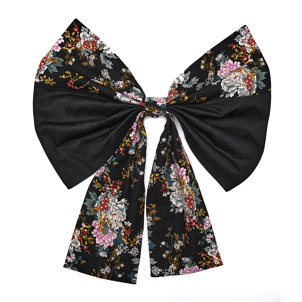 Large black and floral print bow accessory for gothic lolita dress with tied center knot