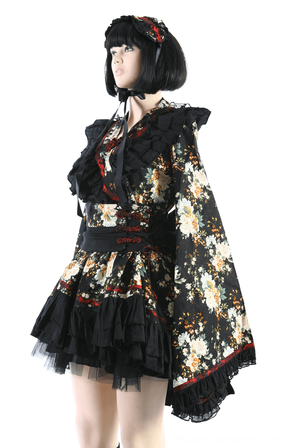 Close-up side front detail of gothic lolita dress showing ruffled collar and wide flare sleeves