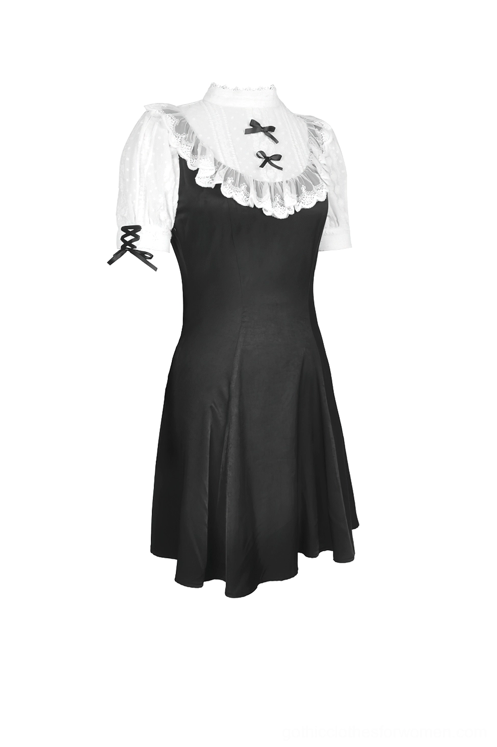 Gothic Lolita midi dress front side view with fitted waist, sleeve bow ties, and flared hem