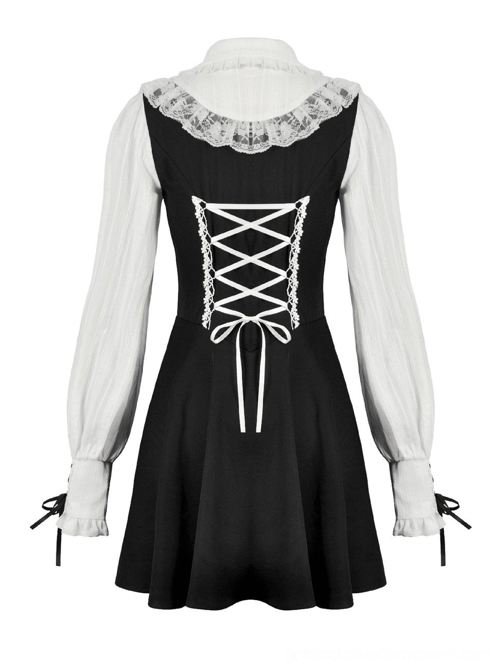 Black and white gothic lolita dress flat lay back view showing corset lace-up back, wrist ribbon cuffs, and two-tone contrast design