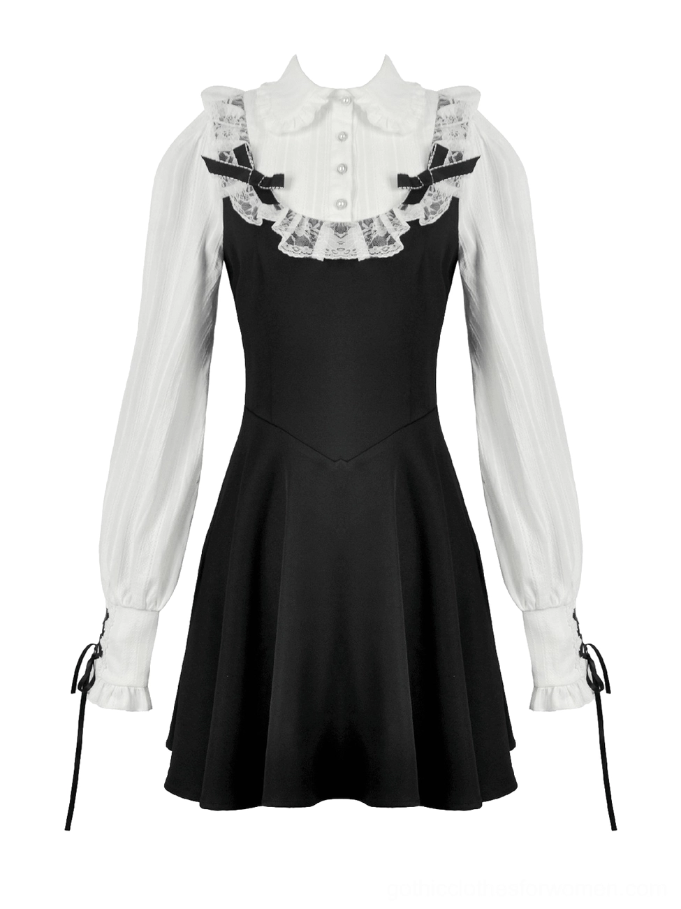 Gothic lolita dress flat lay front view displaying long puff sleeves, lace ruffle collar, a-line silhouette, and wrist tie cuffs