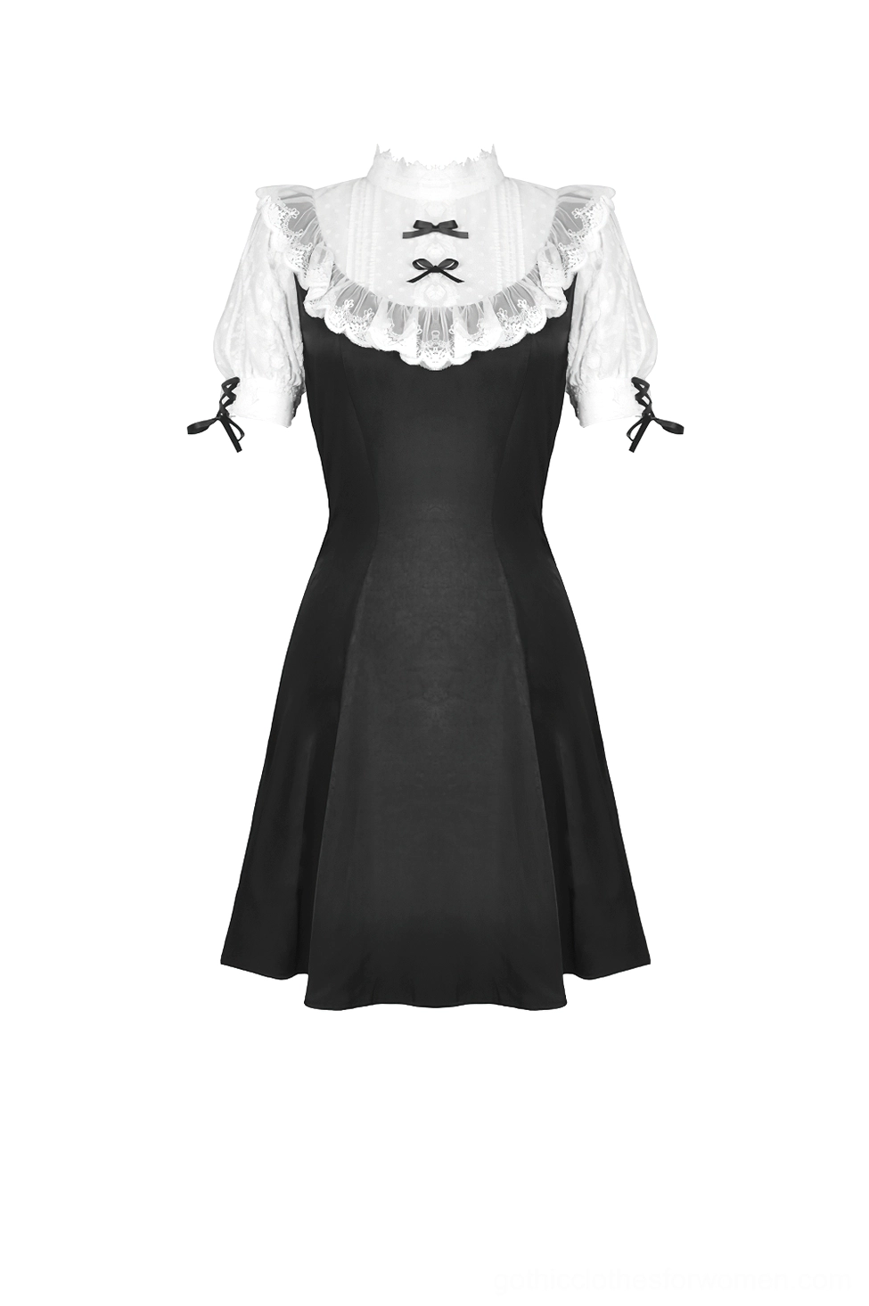Gothic Lolita dress flat lay showing white puff sleeves, black flared skirt, and chest bow details