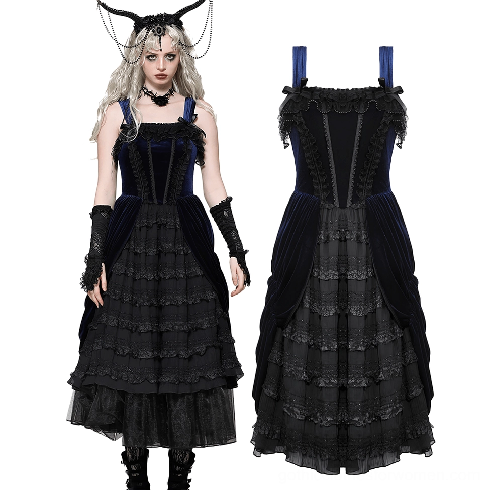 Flat lay of black velvet Gothic Lolita dress front view highlighting adjustable straps and ruffled lace neckline