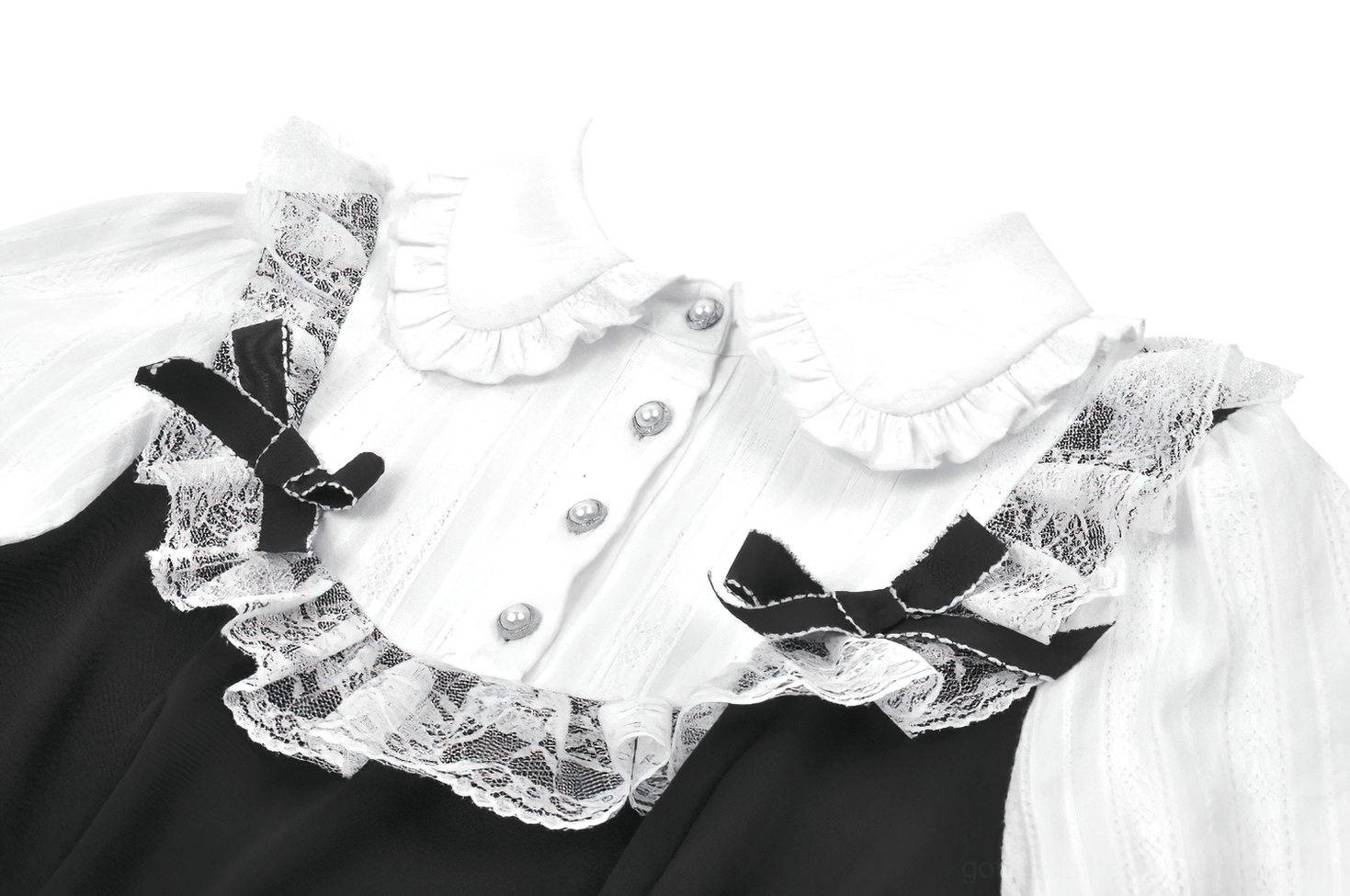 Close-up detail of gothic lolita dress lace collar trim with black fabric bows and striped shirt fabric contrast