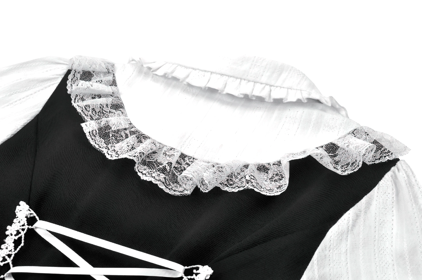 Gothic lolita dress neckline close-up showing ruffle lace trim and black-white contrast fabric detail