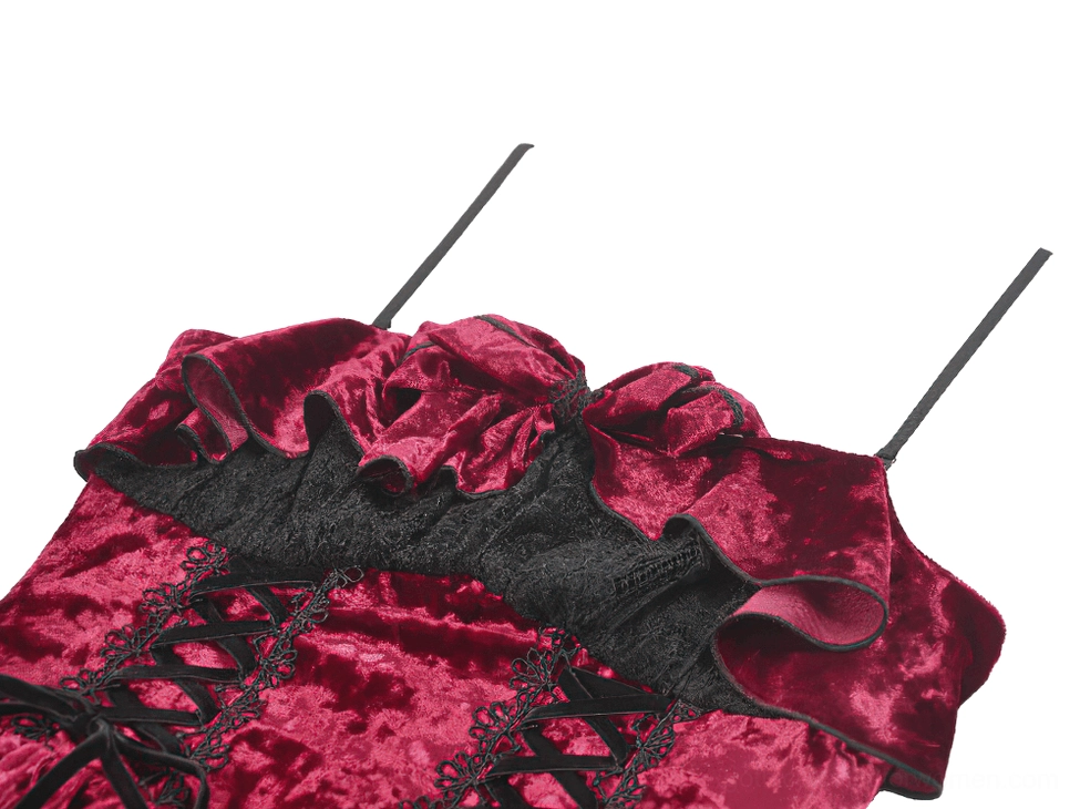 Close-up detail of black lace ruffle neckline trim, corset-style lacing, and crushed velvet fabric texture