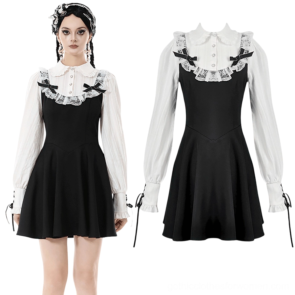 Black and white gothic lolita dress front view with Peter Pan lace collar, a-line mini skirt, and flat lay garment detail