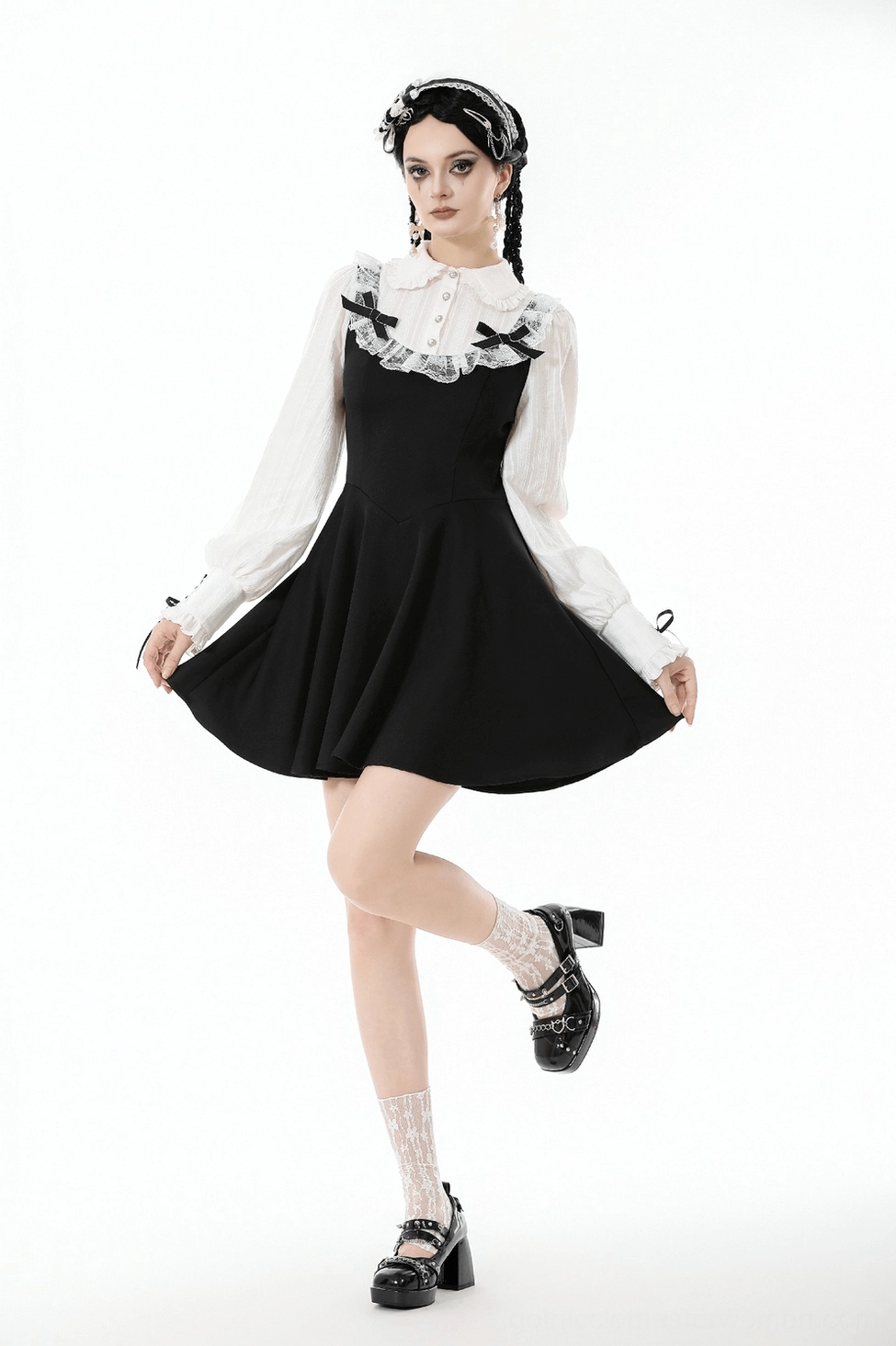 Victorian gothic lolita dress three-quarter length view on model displaying entire silhouette and design proportions