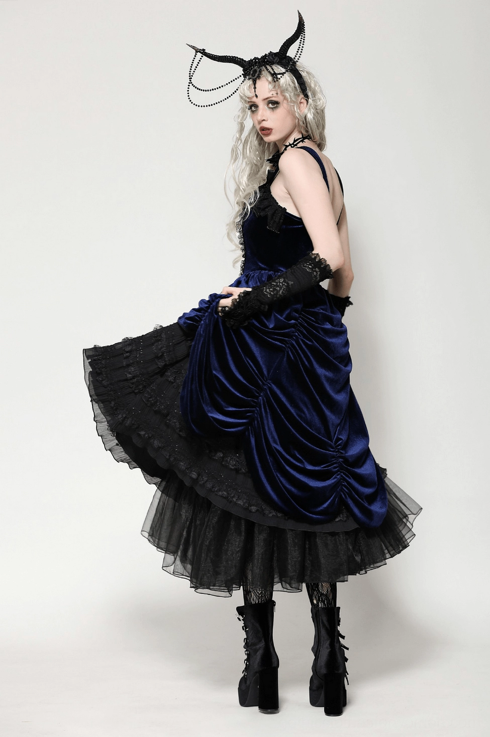 Size reference image for black and navy Gothic Lolita dress showing proportions and overall silhouette