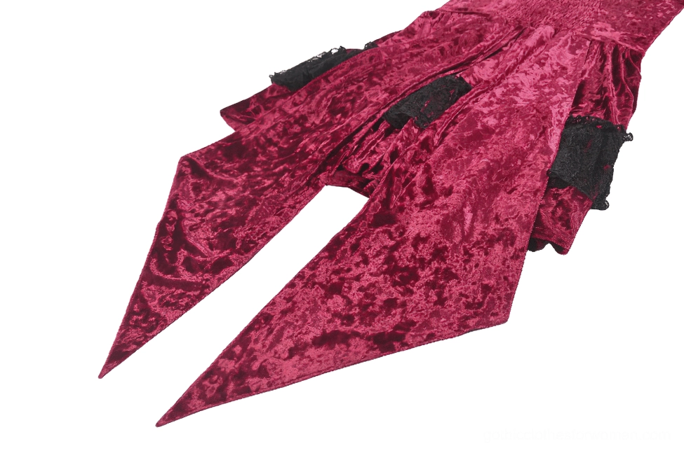 Alternative close-up angle of burgundy velvet skirt with tiered ruffles, black lace accents, and layered construction