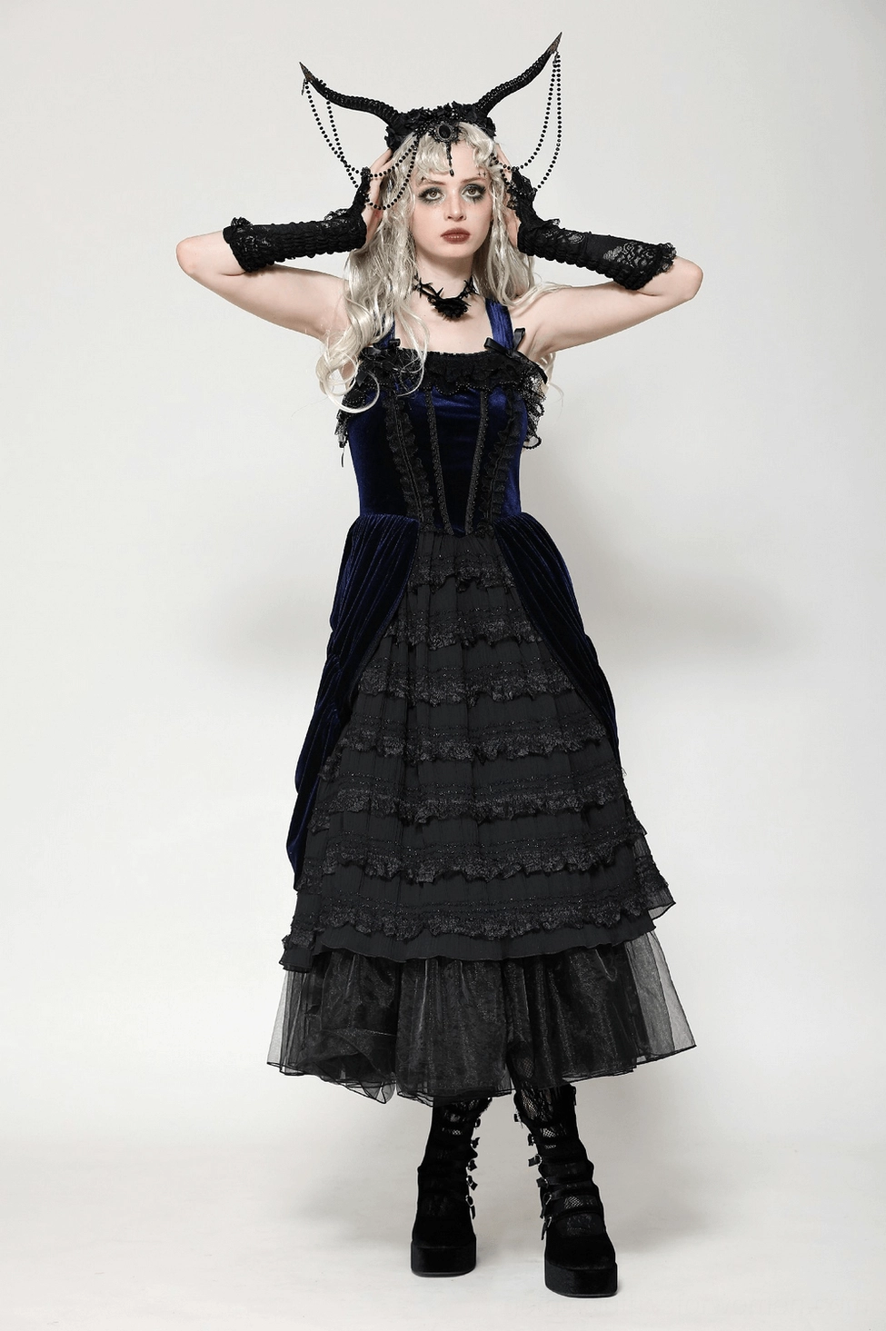 Alternative styling angle of Gothic Lolita dress demonstrating outfit versatility and silhouette elegance