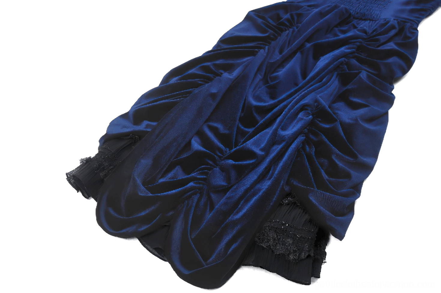 Alternative angle of Gothic Lolita dress showing the interplay between black and navy velvet tones