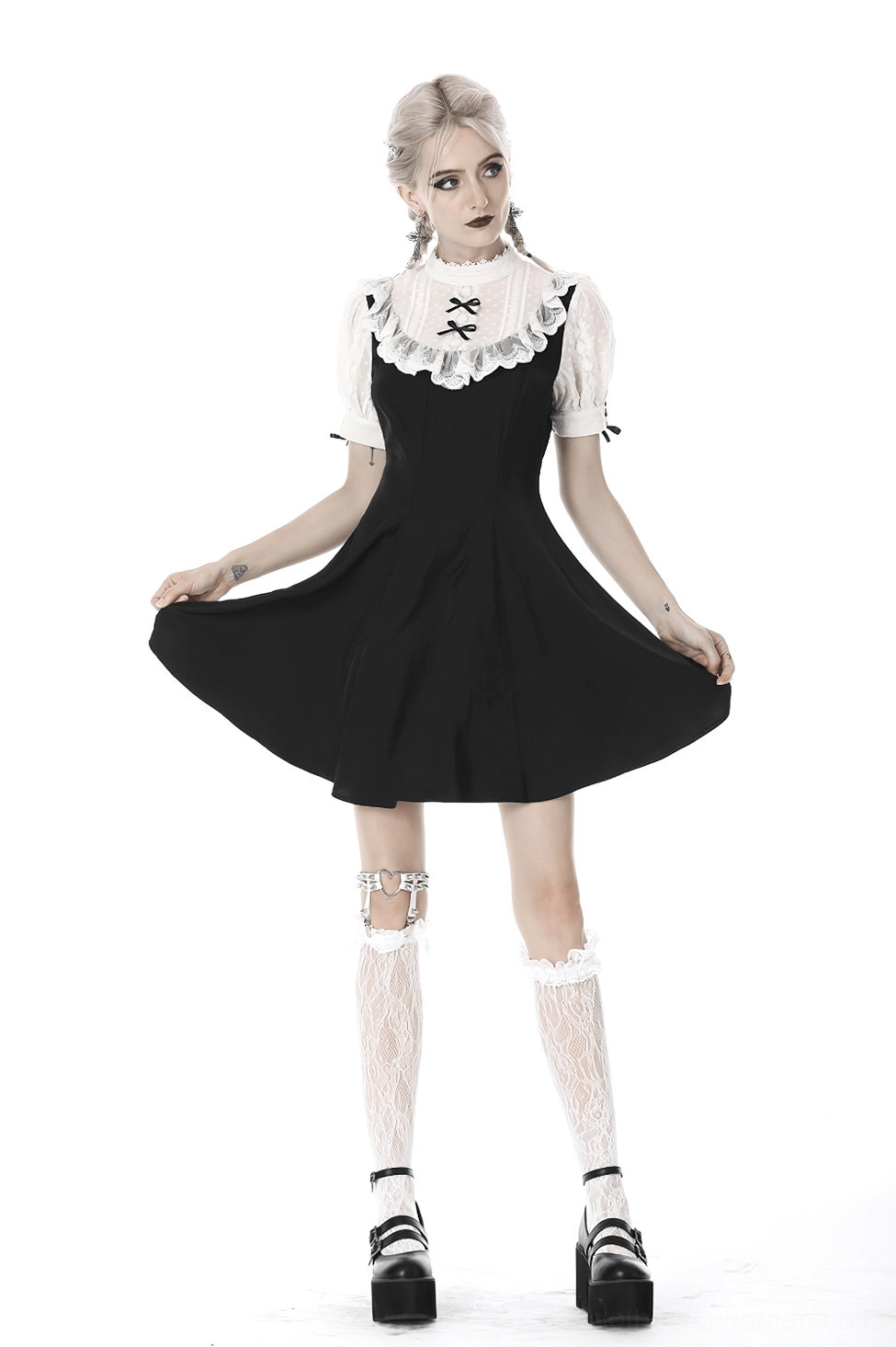 Gothic Lolita midi dress styled presentation featuring romantic Victorian-inspired aesthetic