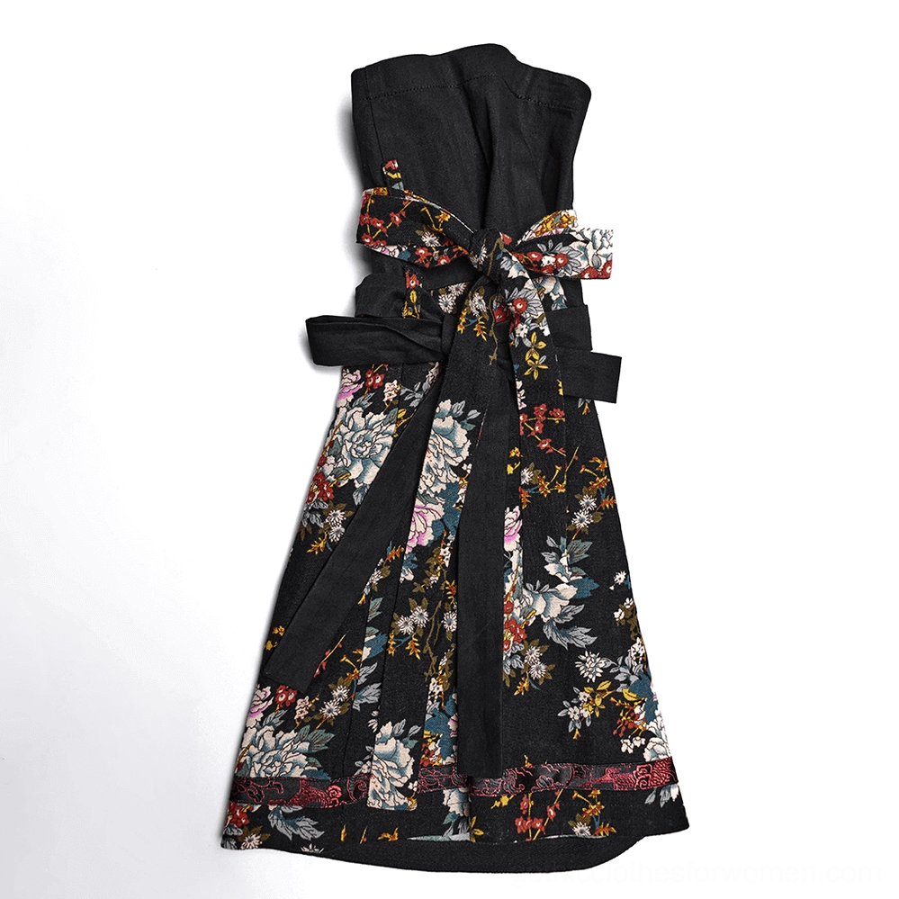 Detachable floral print gothic sash belt with black side straps and long tie ends flat lay