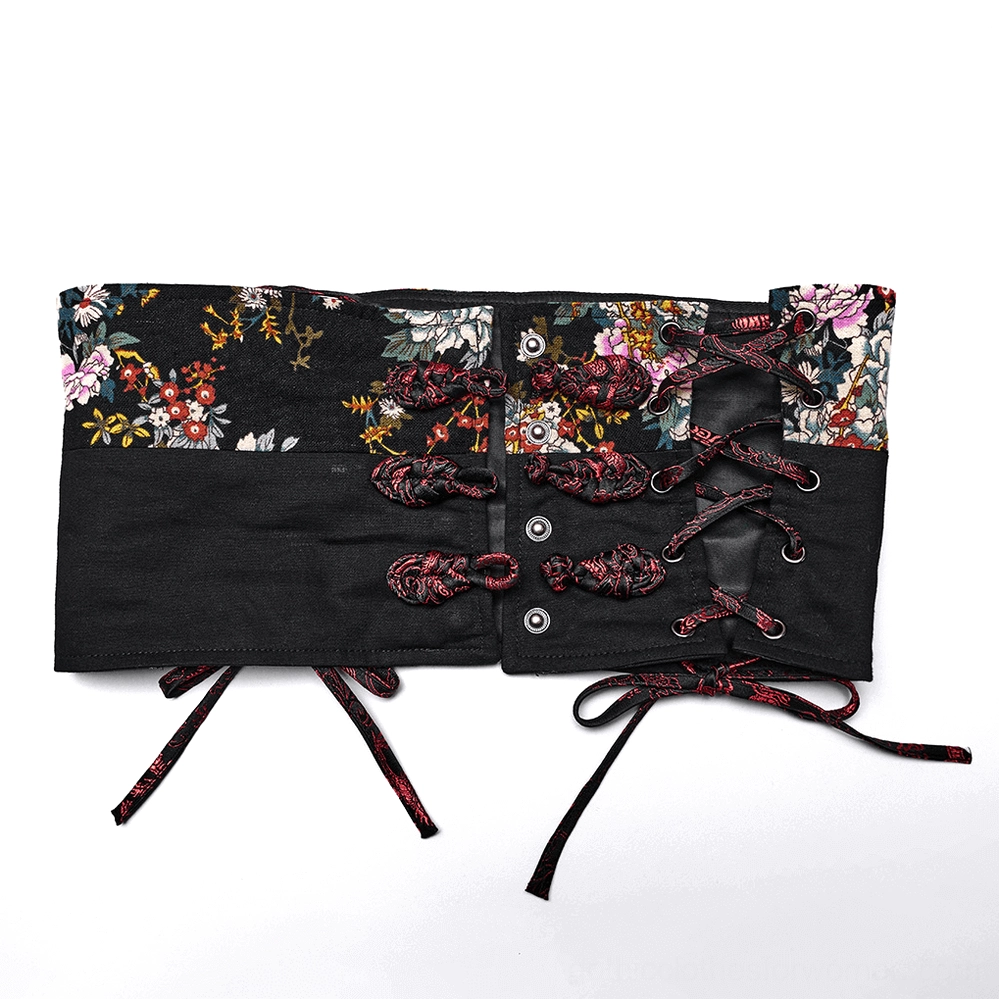 Black lace-up corset waist cincher with red lace cords and floral print panels