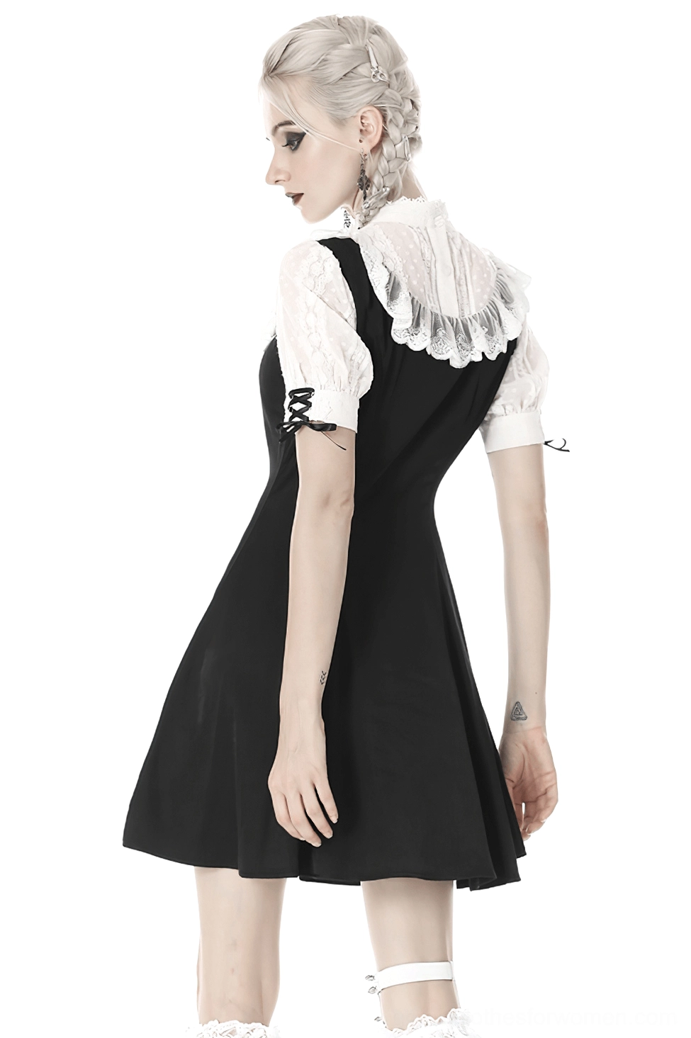 Gothic Lolita dress side back view showing fitted silhouette and lace shoulder yoke detail