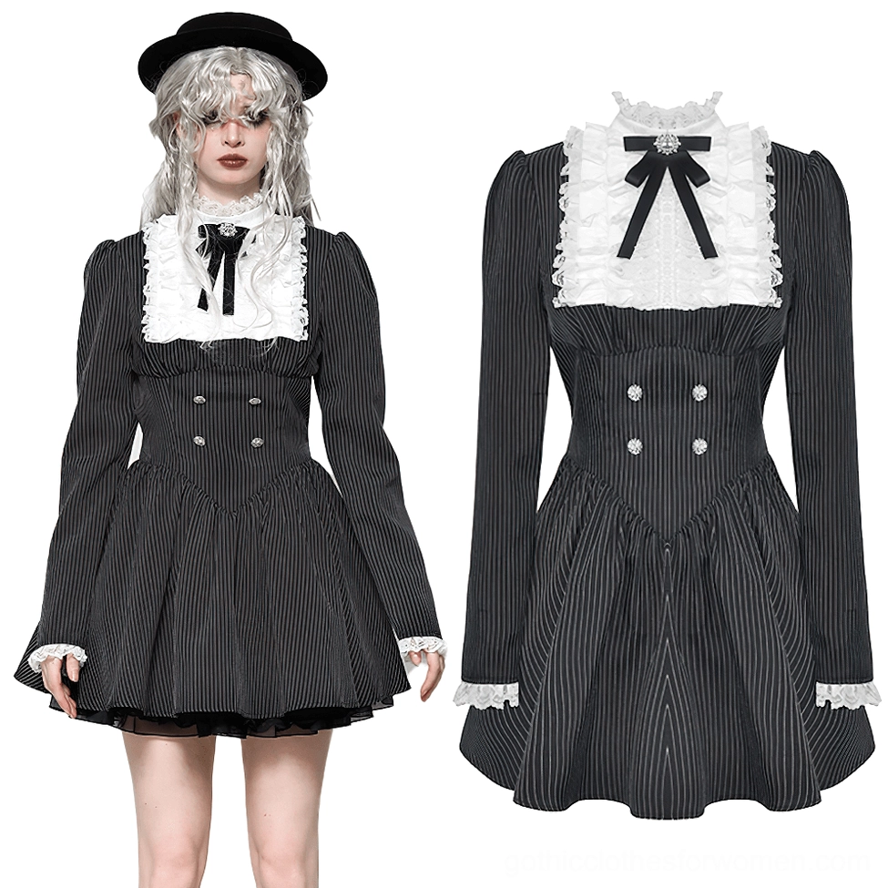Black pinstripe gothic lolita mini dress front view with ornate lace ruffle collar, double-breasted design, and voluminous puffed sleeves