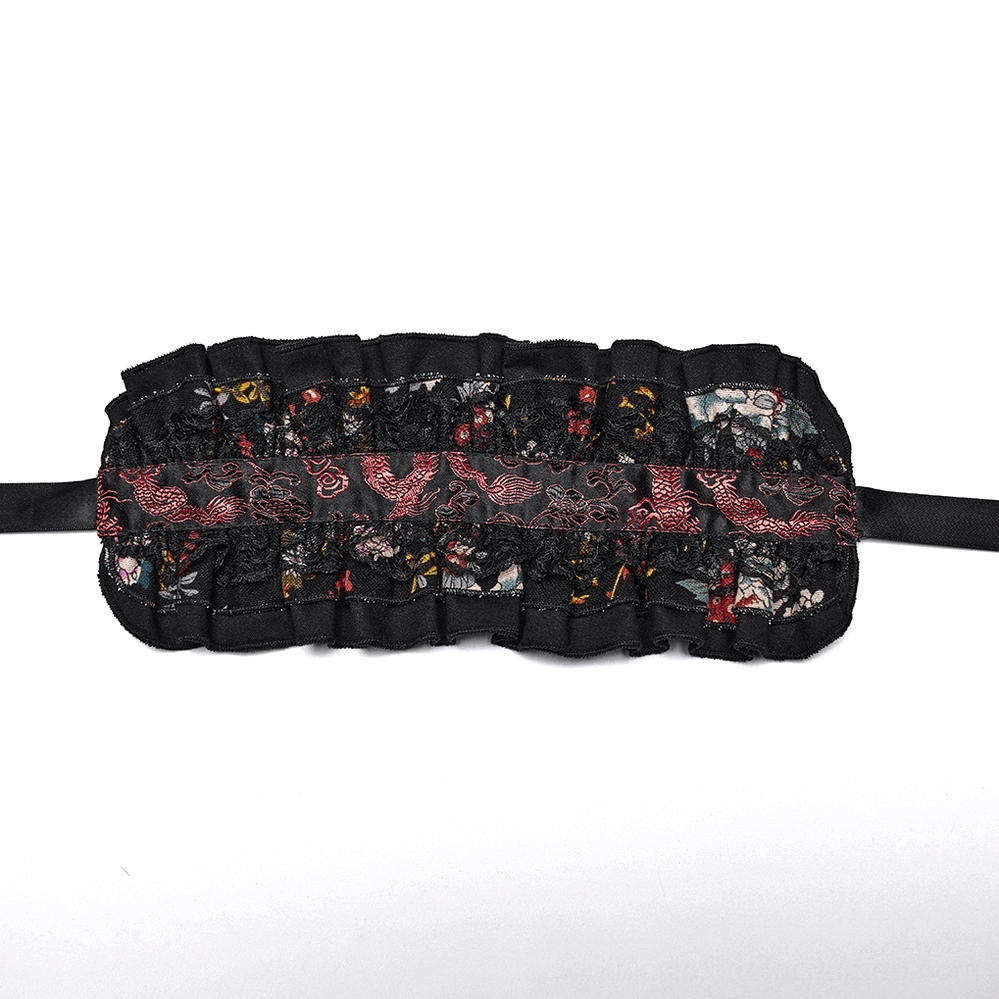 Black ruffled waist trim belt with embroidery detail and lace edges for gothic lolita styling