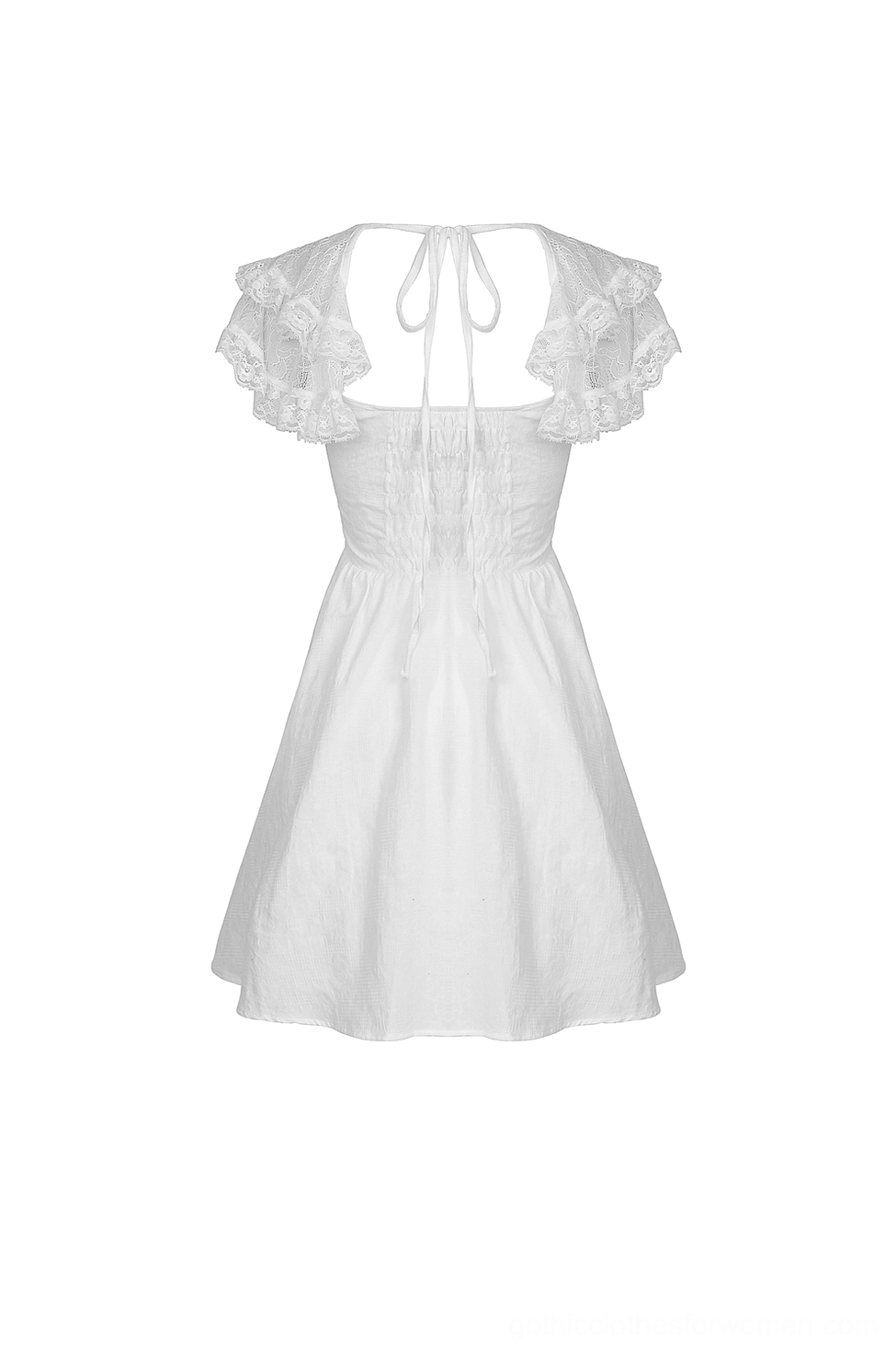 White gothic lolita mini dress flat lay back view - tie-back drawstring closure, fitted waist, A-line skirt construction