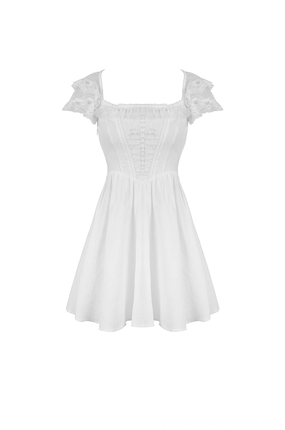 White gothic lolita mini dress flat lay front view - square neckline, lace short sleeves, structured corset bodice, pearl beading accents