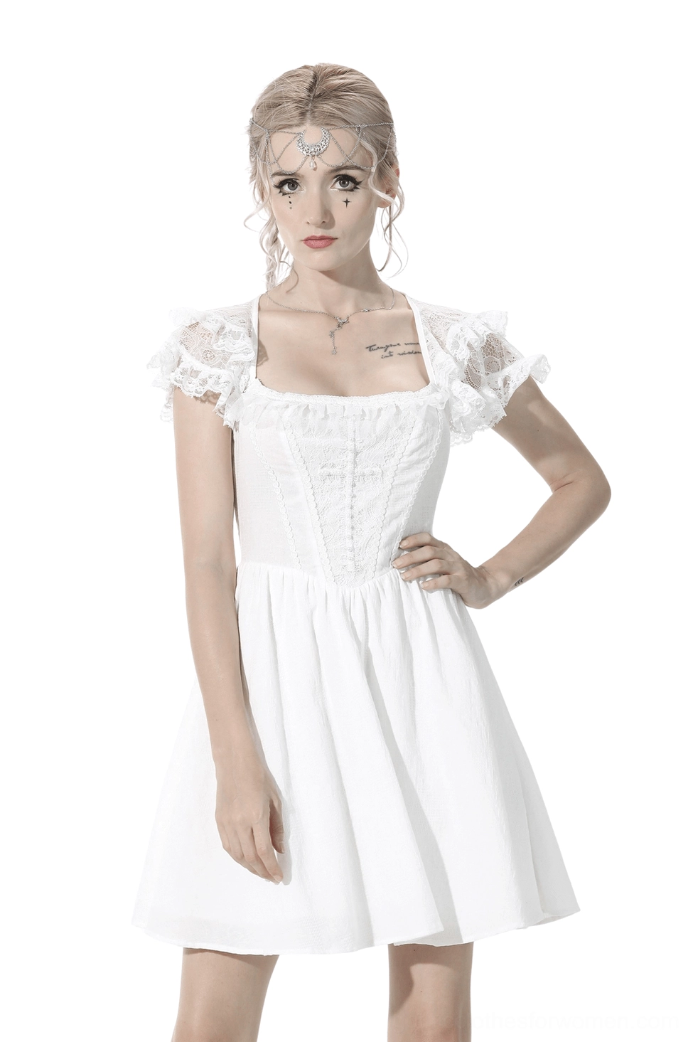 White gothic lolita mini dress front view - square neckline, lace cap sleeves, cross-chest design with pearl beading, fitted bodice, A-line skirt on blonde model