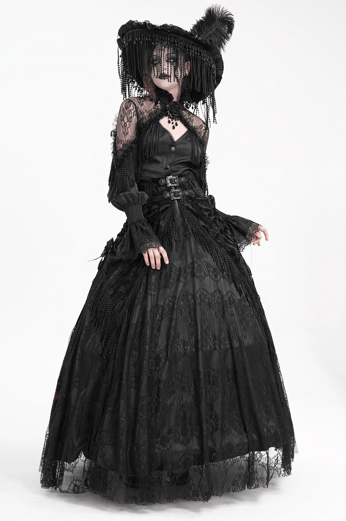 Black lace gothic long skirt showing waistband construction and corset-style boning detail
