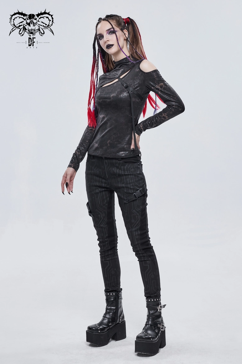 Black gothic long sleeve women's top with cold shoulder cutout and industrial buckle strap, product shot