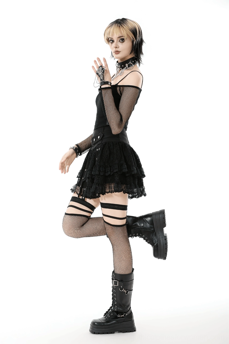 Gothic long sleeve fishnet mesh top showing elasticity and slim fit