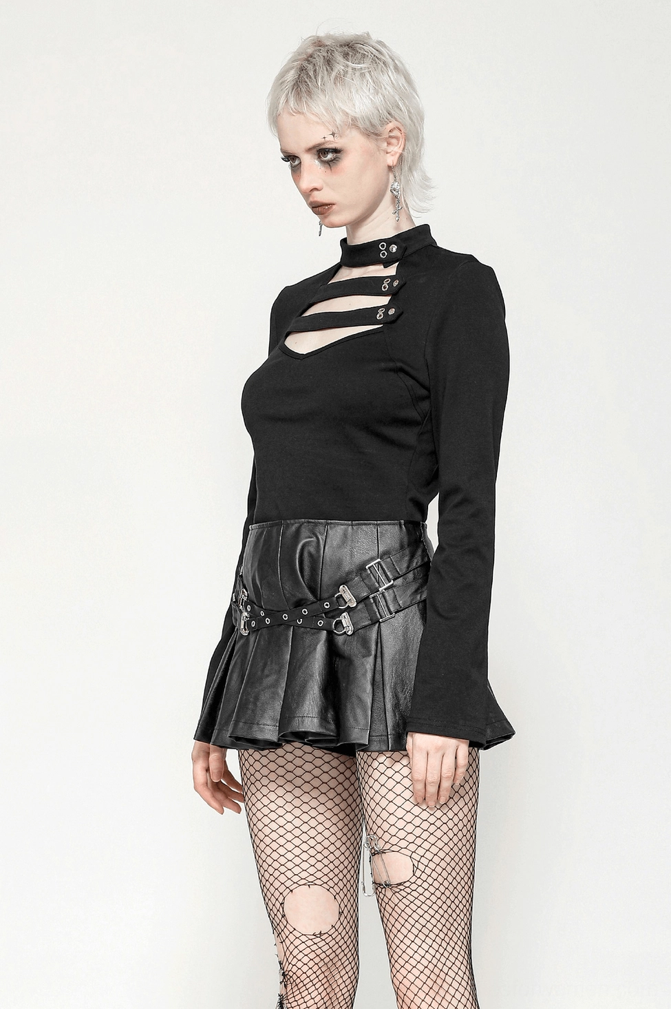 Black gothic long sleeve top featuring high mock neck and form-fitting silhouette for dark fashion wear