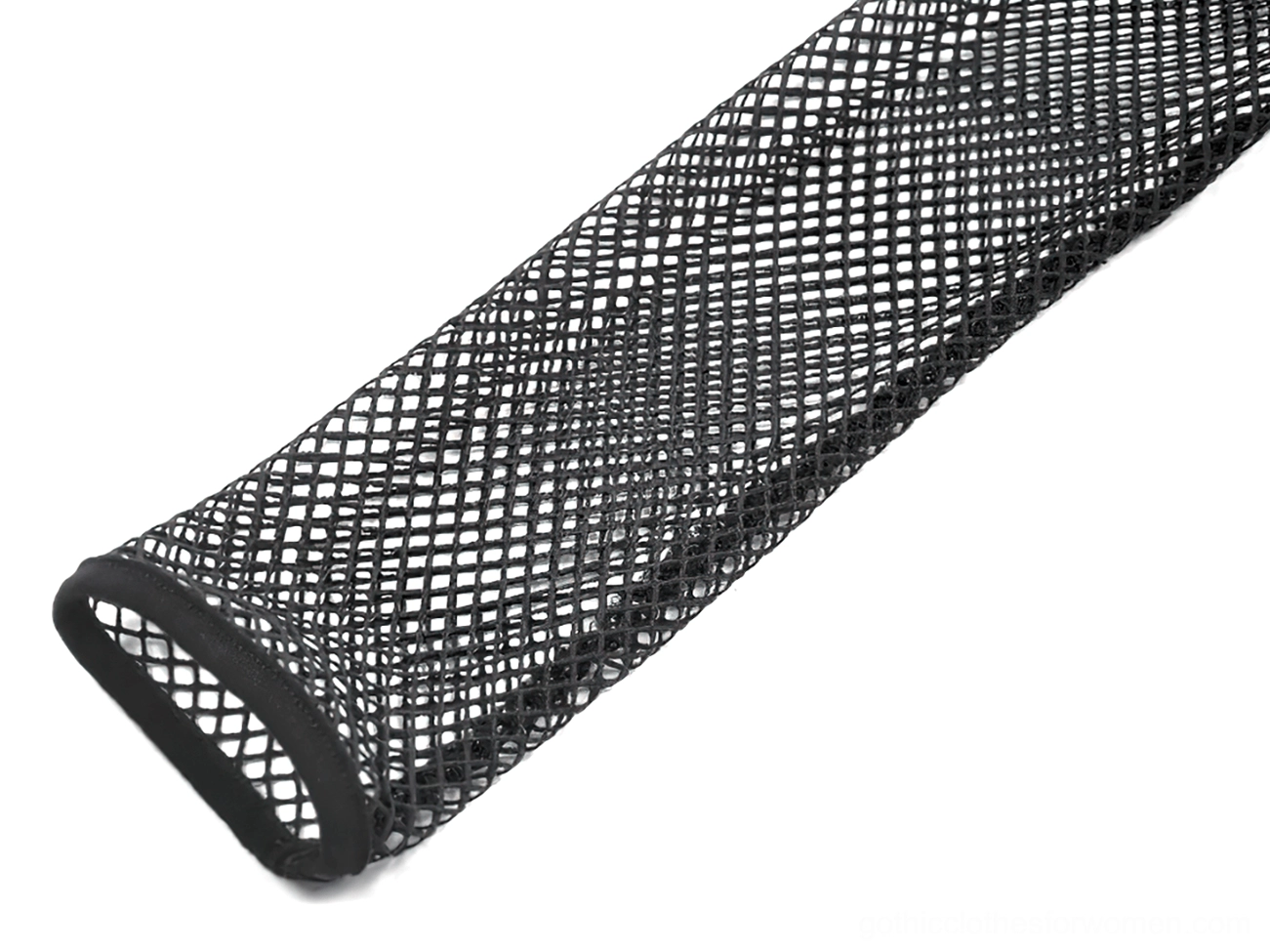 Close-up detail of long sleeve hem with rolled bound edge fishnet mesh