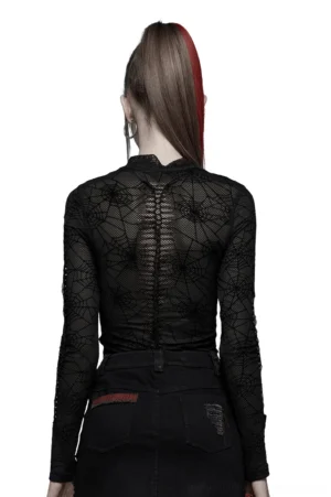 Back view of sheer spiderweb mesh gothic blouse with vertical lace-up back cutout and long sleeves