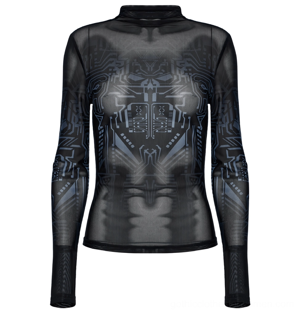 Full front flat lay of sheer black mesh long-sleeve gothic top with mock neck collar
