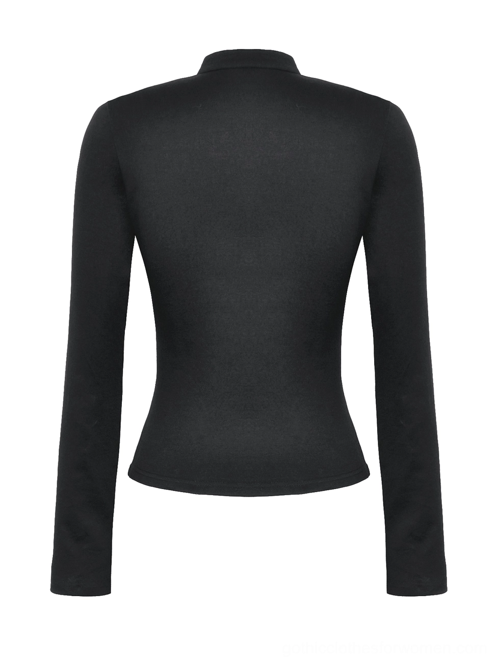 Black gothic long sleeve top back flat lay with mock neck and plain rear design detail