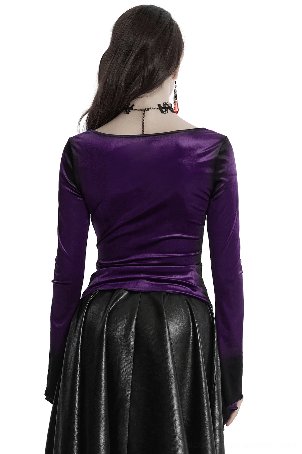 Gothic velvet top back view showing fitted long sleeves and asymmetric ruffled hem detail on model