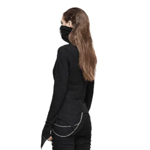 Gothic black turtleneck long sleeve top with asymmetrical hem and back zipper closure, rear view on model