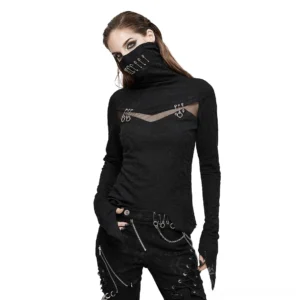 Black gothic long sleeve top with safety pins on turtleneck and textured mesh chest panel, front view on model