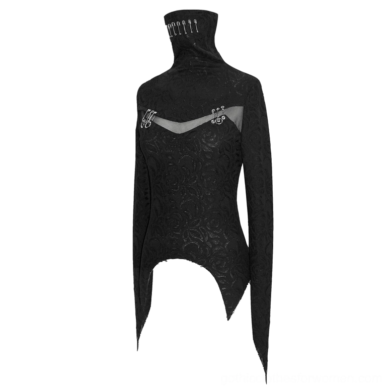 Black gothic high-neck long sleeve top with multiple safety pins on turtleneck and mesh chest panel detail