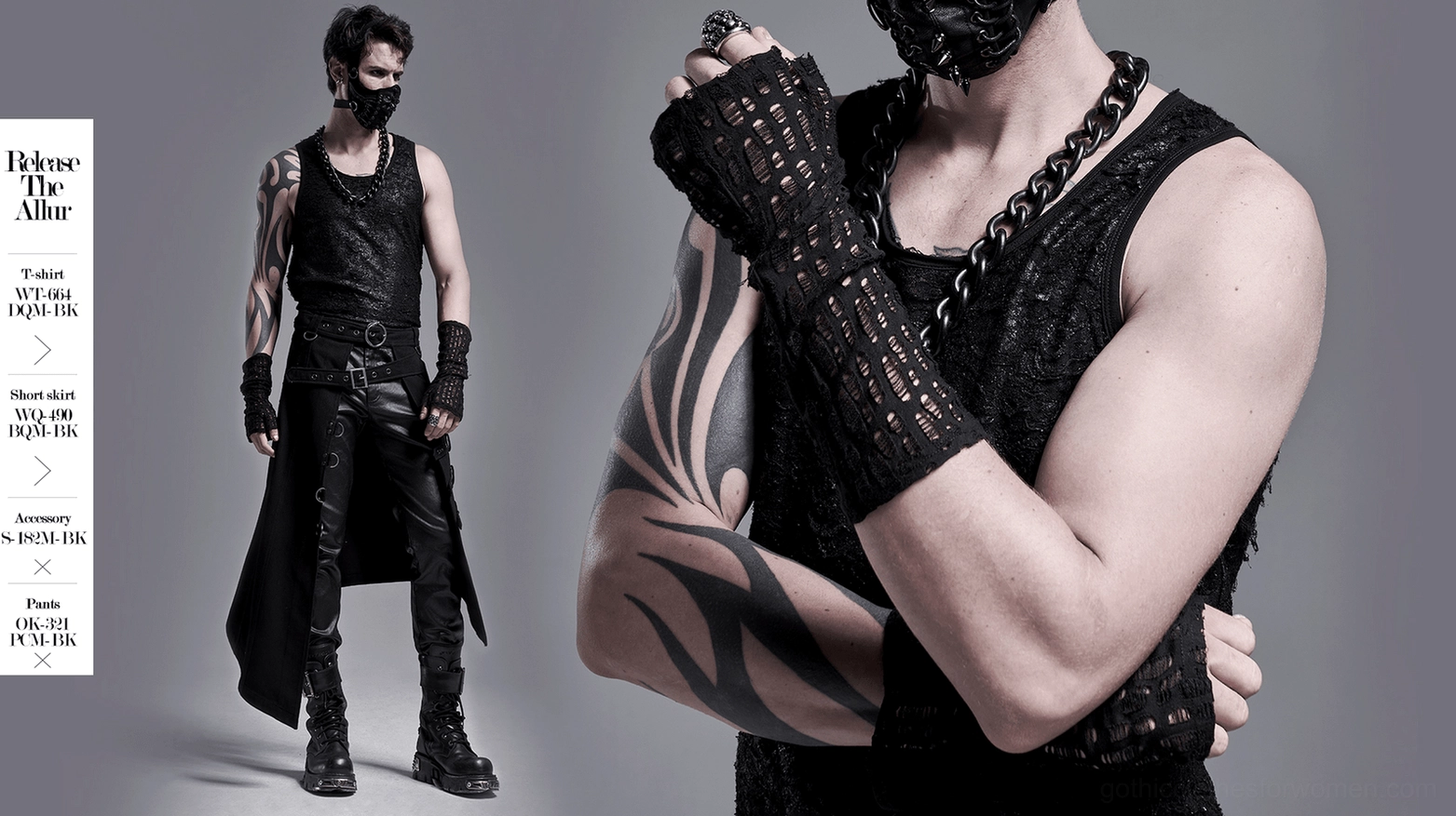 Side profile of complete gothic look with long black vest, leather pants, and coordinated fingerless mesh gloves