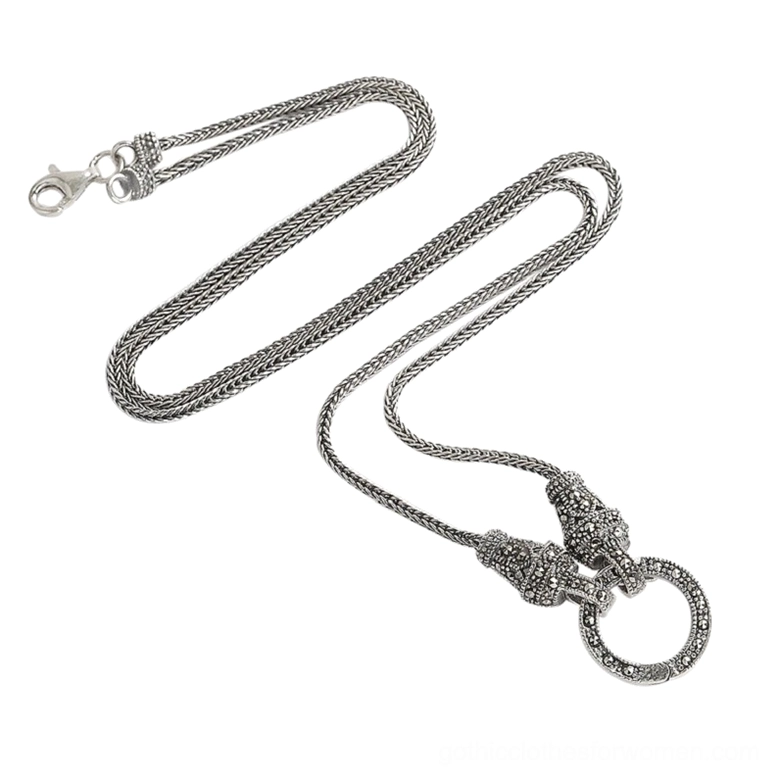 S925 sterling silver gothic chain necklace with marcasite stone pendant, oxidized finish, overhead studio view